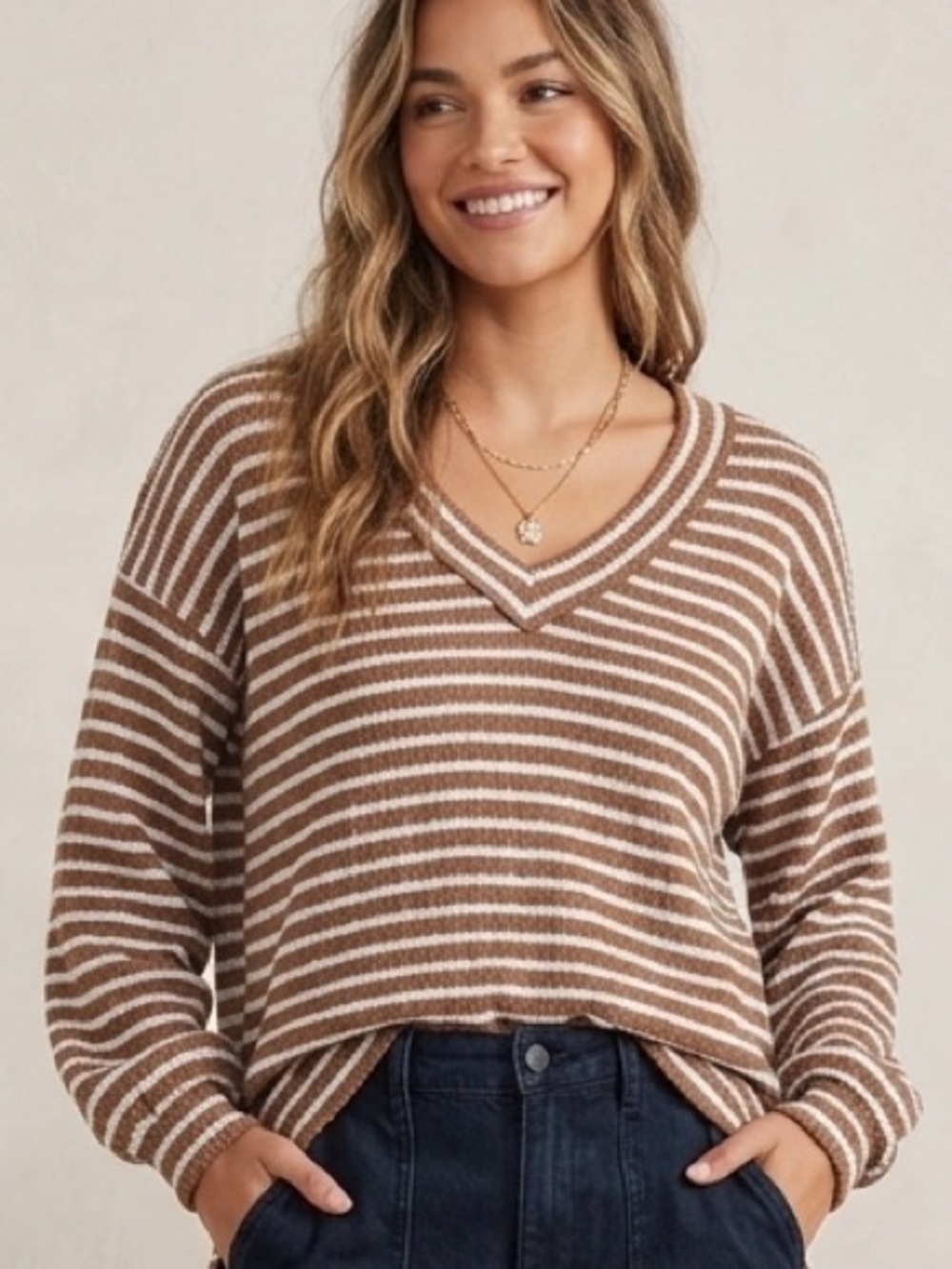 Altar'd State Talia Brown Striped Oversized V-Neck Sweater XS or S Oversized